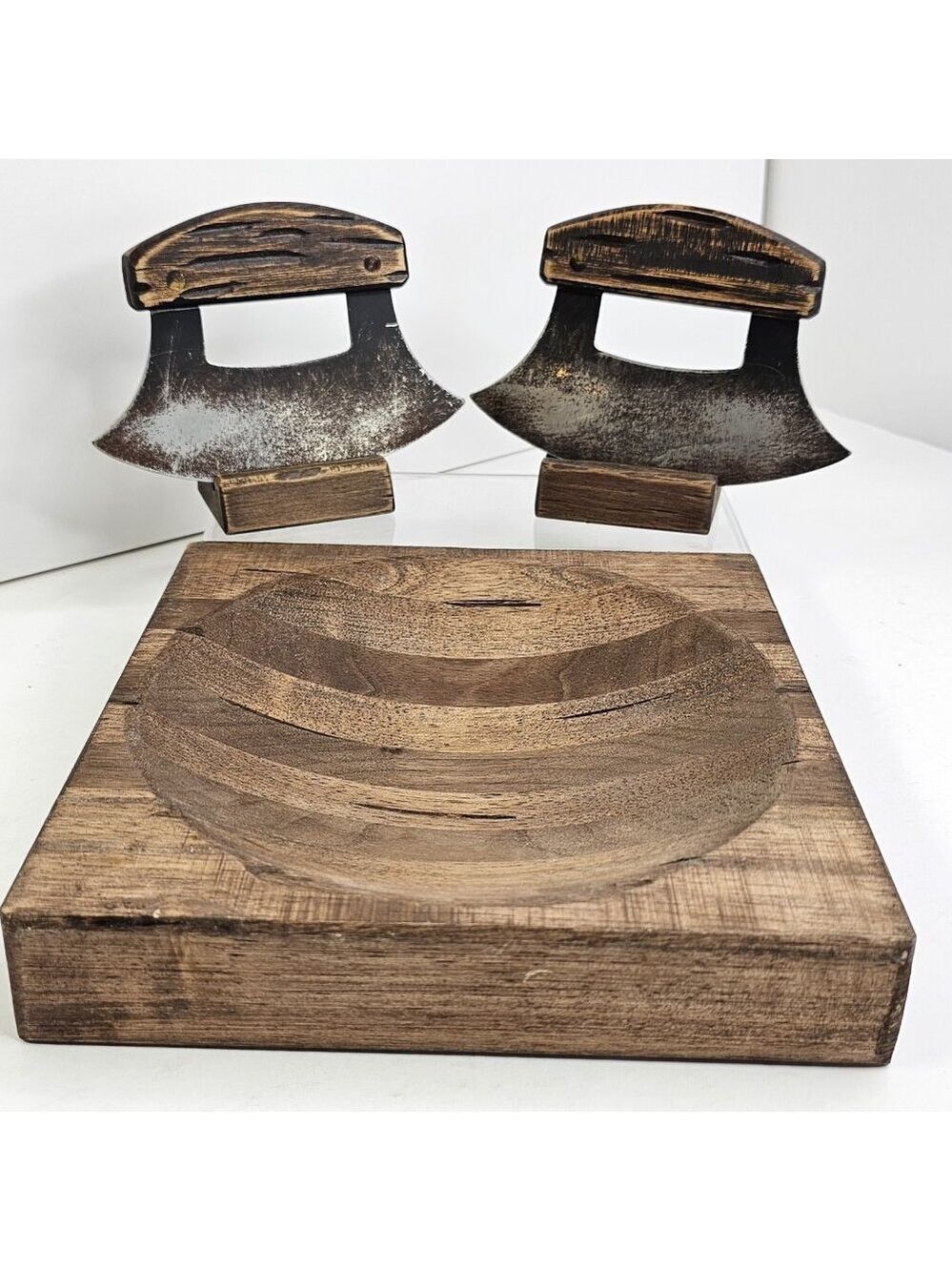 Alaskan Ulu Knife Set 2 Choppers w Wooden Bowl Board Rustic Kitchen Prep Set